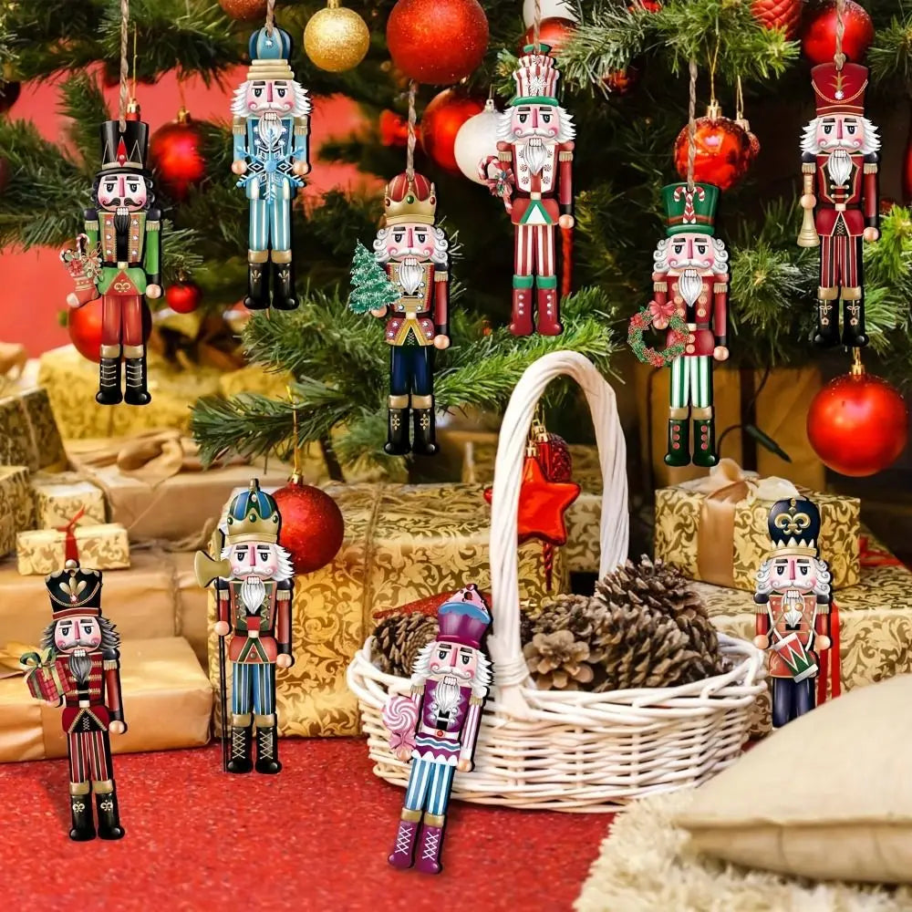 A collection of wooden nutcracker soldiers and ornaments hanging on a Christmas tree surrounded by festive greenery.