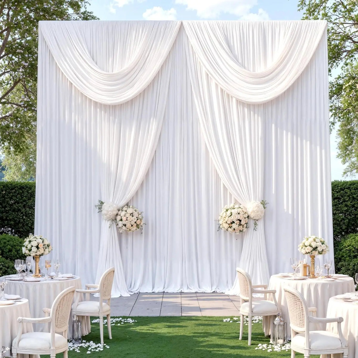 A white fabric backdrop with draped curtains and floral arrangements set up for an event.
