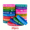 A set of 20 colorful silicone bracelets featuring inspirational Bible verses like Be The Light and Your Worth.