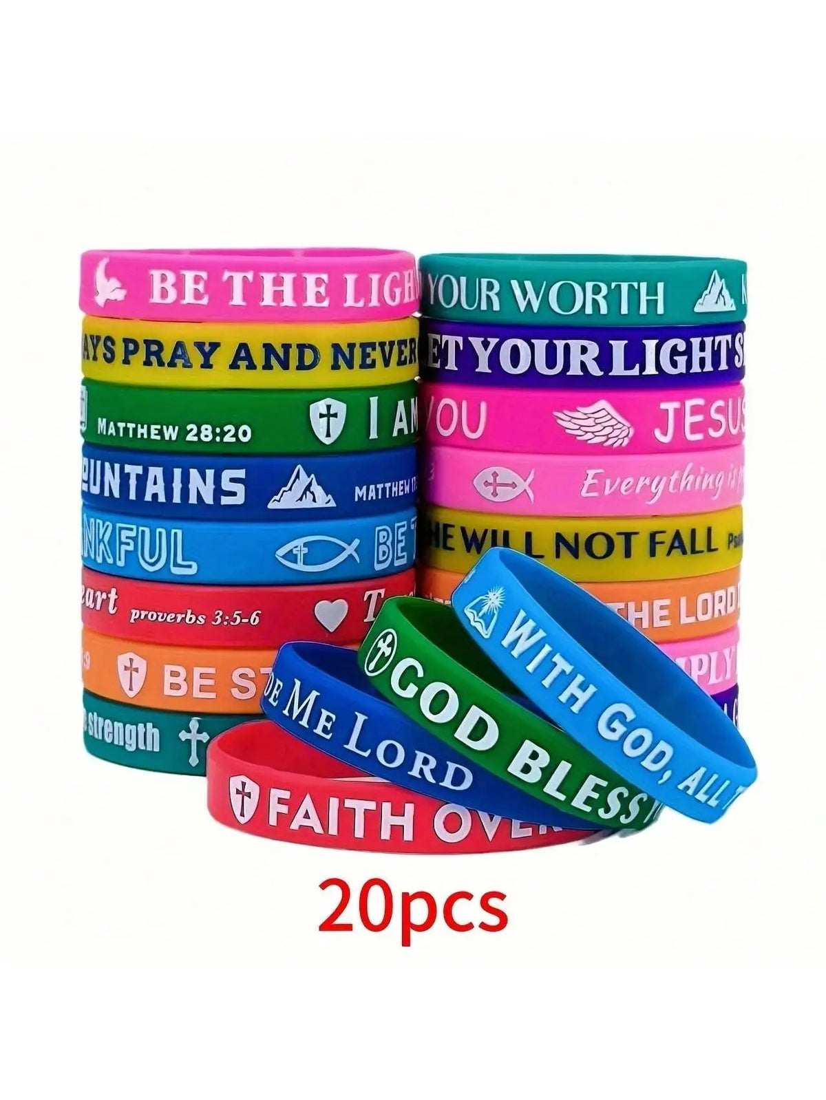 A set of 20 colorful silicone bracelets featuring inspirational Bible verses like Be The Light and Your Worth.