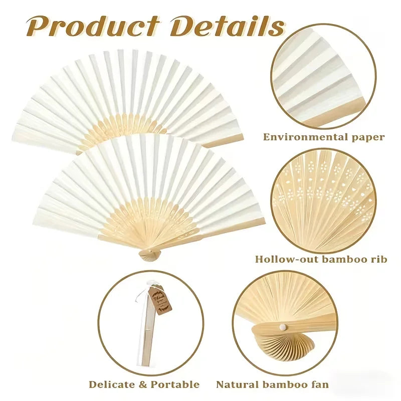 A set of natural bamboo folding fans shown in various angles, including an environmental paper fan and a hollow-out bamboo ri