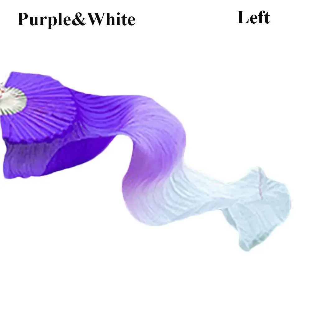 A purple and white silk ribbon dance fan shown from the left side.