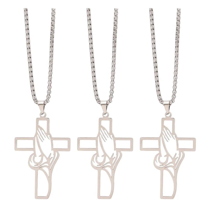 Stainless steel praying hands cross pendant necklace with a detailed design