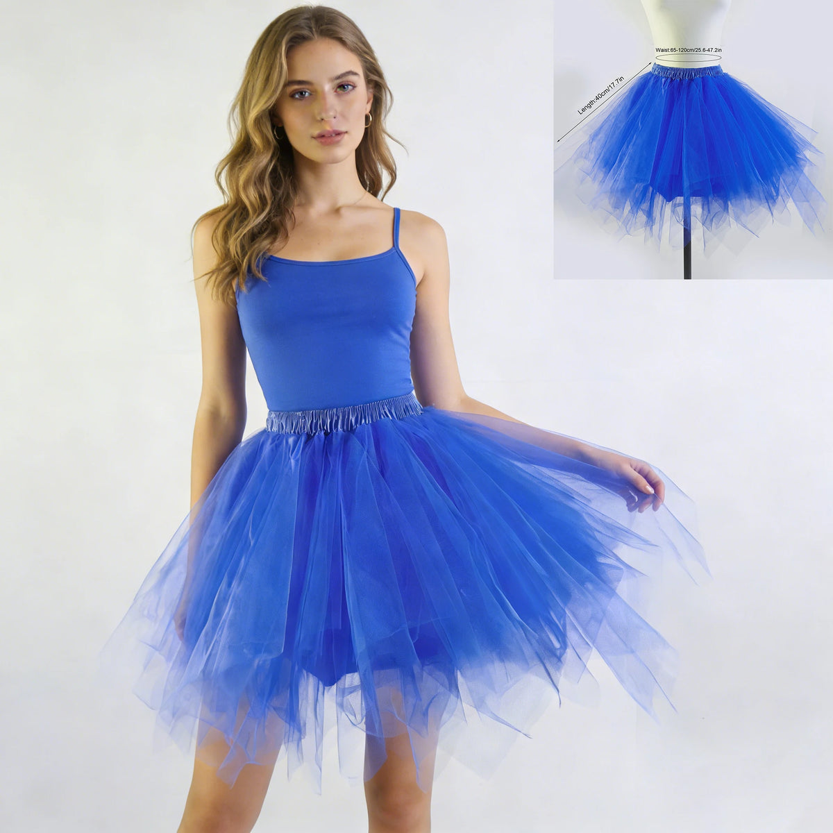 A woman models a bright blue tulle tutu skirt and matching top, with an inset showing the skirt's full flare.