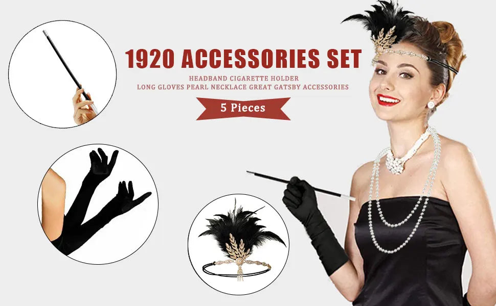 1920s Gatsby Flapper Accessory Set with Headband, Gloves, Pearl Necklace & Cigarette Holder