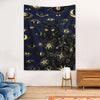 A dark blue tapestry featuring a pattern of many stylized cat eyes and stars.