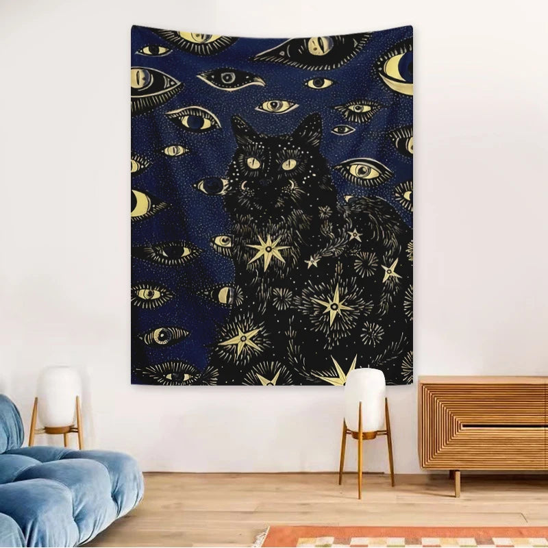 A dark blue tapestry featuring a pattern of many stylized cat eyes and stars.