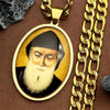 A gold-toned pendant featuring a portrait of Saint Charbel on a silver chain.