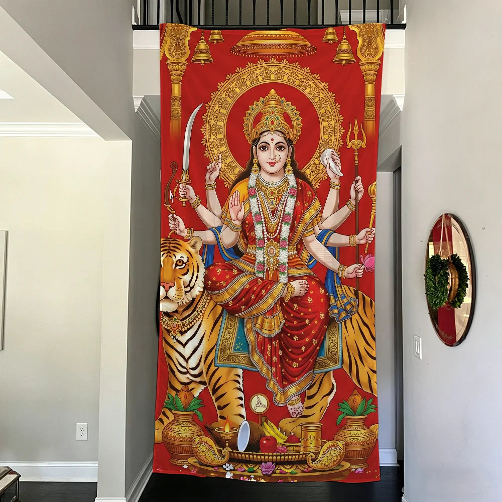 Vibrant wall art banner depicting Maa Kali in a traditional pose with gold and red colors.