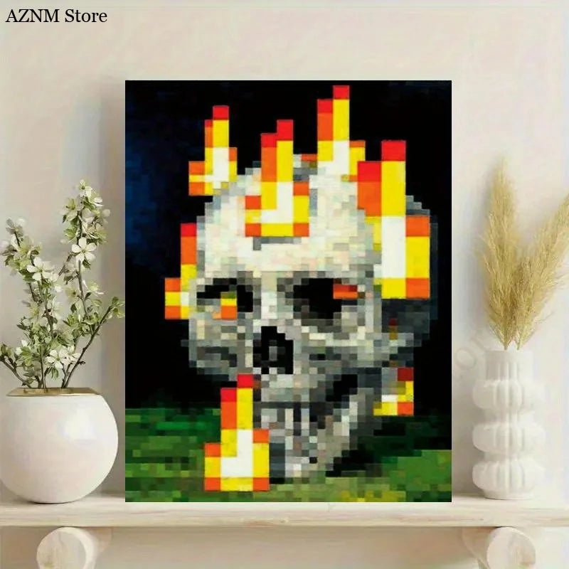 A pixel art print of a skull engulfed in bright orange and yellow flames against a dark background.