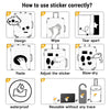 Instructions showing how to use a sticker correctly, including design, wiping, tearing apart, pasting, adjusting, and drying.