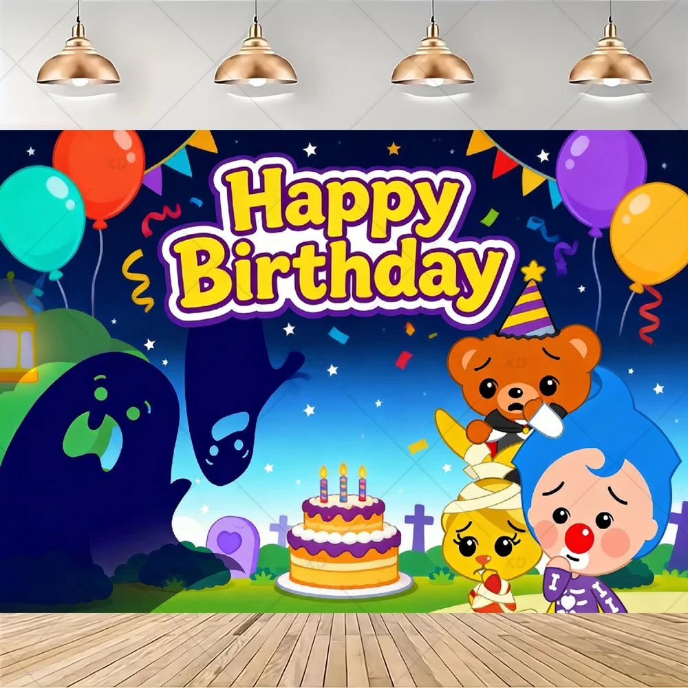 A colorful birthday banner featuring cartoon animals and balloons for a party decoration set.