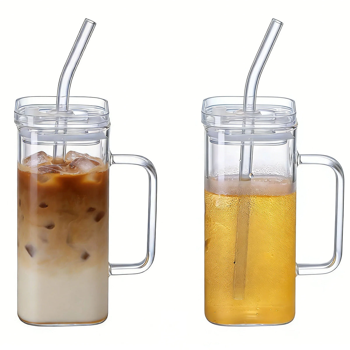 A clear glass insulated coffee mug filled with iced tea or lemonade, featuring a metal handle and a clear plastic lid with a 
