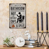A vintage metal tin sign with text on a wooden plank hangs on a textured wall next to a white clock and books.