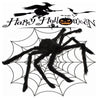 A black spider with a web is featured above a Halloween-themed silhouette of a witch flying.