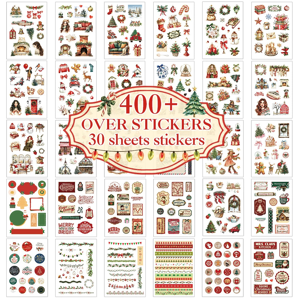 Eine Sammlung von über 400 festlichen Weihnachtstickern in verschiedenen Designs und Farben zum Basteln.