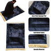 Dark blue prayer rug with intricate geometric patterns and a fringed edge