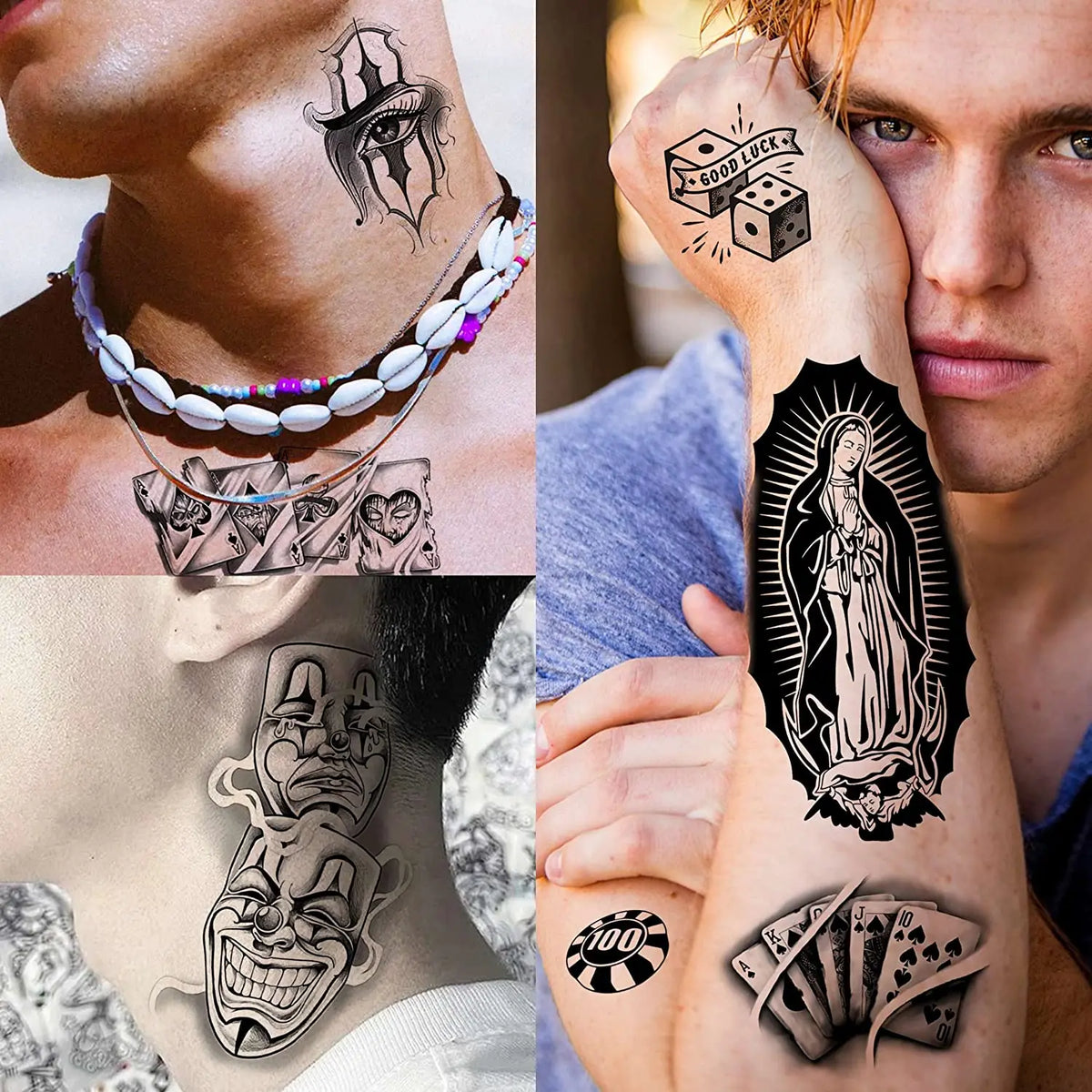 A collage of black and gray chicano temporary tattoos featuring skulls, religious figures, and dice designs on skin.