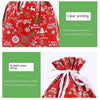 Red festive drawstring Christmas gift bags featuring holiday designs like Santa and snowmen