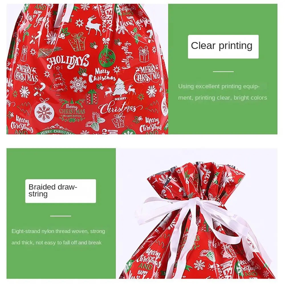 Red festive drawstring Christmas gift bags featuring holiday designs like Santa and snowmen