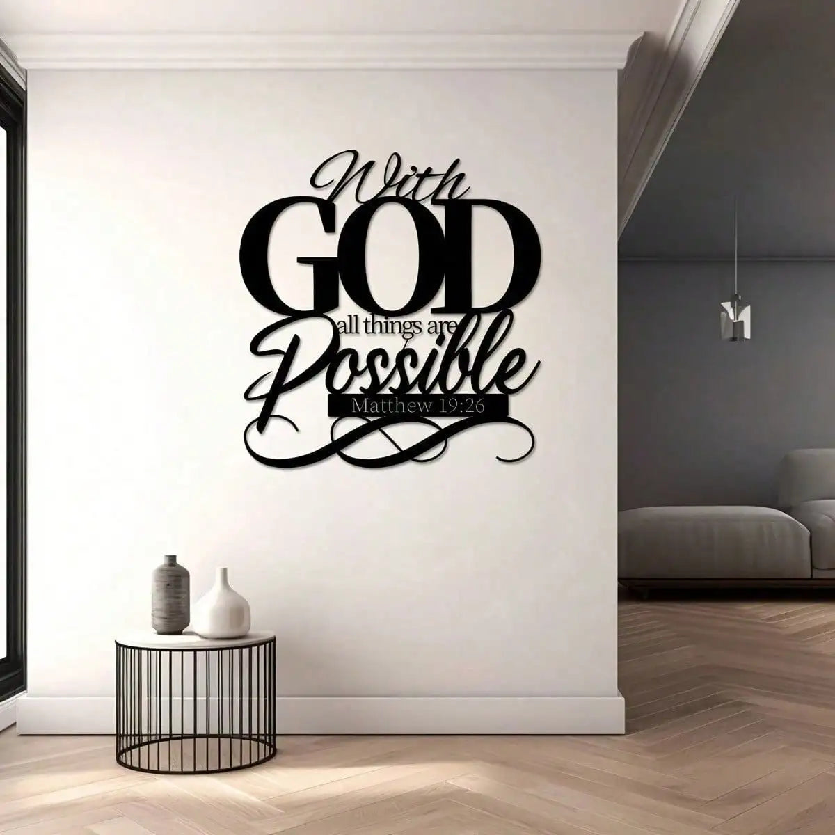 Black metal wall art featuring the inspirational Bible verse With God all things are possible by Matthew 19:26