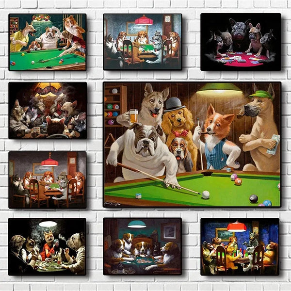 A collection of paintings depicting dogs playing poker in various settings and poses.