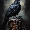 A dark bird with a textured black feather coat stands atop an old iron barrel surrounded by heavy chains against a moody, dar