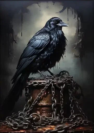 A dark bird with a textured black feather coat stands atop an old iron barrel surrounded by heavy chains against a moody, dar