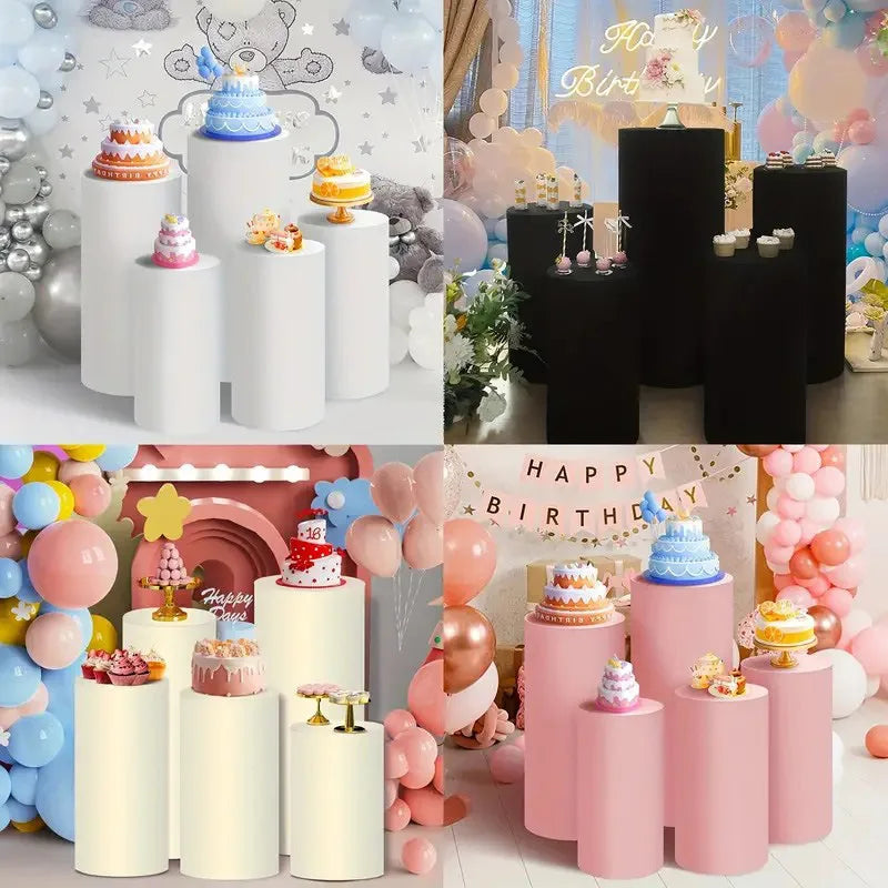 Pink and white elastic cylinder stands used for party and event decor