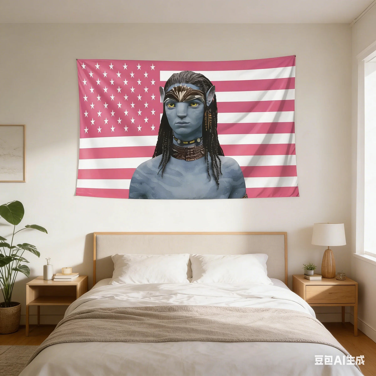 A tapestry featuring a striking blue-skinned avatar face against a pink and white striped American flag background.