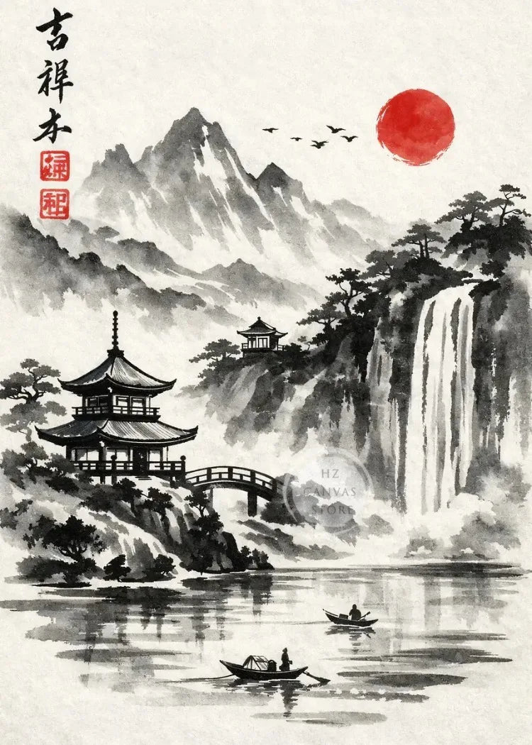 A traditional ink wash painting depicting a landscape with mountains, a waterfall, and a pavilion on a lake.
