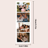 A vertical display showing various custom photo booth print strips featuring family and group portraits.