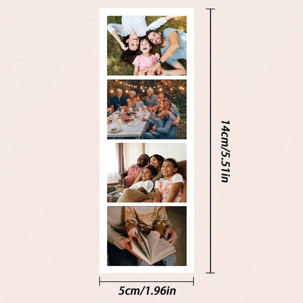 A vertical display showing various custom photo booth print strips featuring family and group portraits.