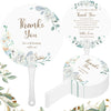 A set of twenty floral message wedding thank you fans featuring delicate watercolor greenery and white flowers.