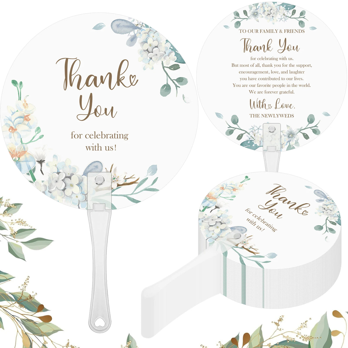 A set of twenty floral message wedding thank you fans featuring delicate watercolor greenery and white flowers.