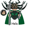 A building blocks set depicting Hela from a horror movie, featuring her helmet, armor, and a sword.