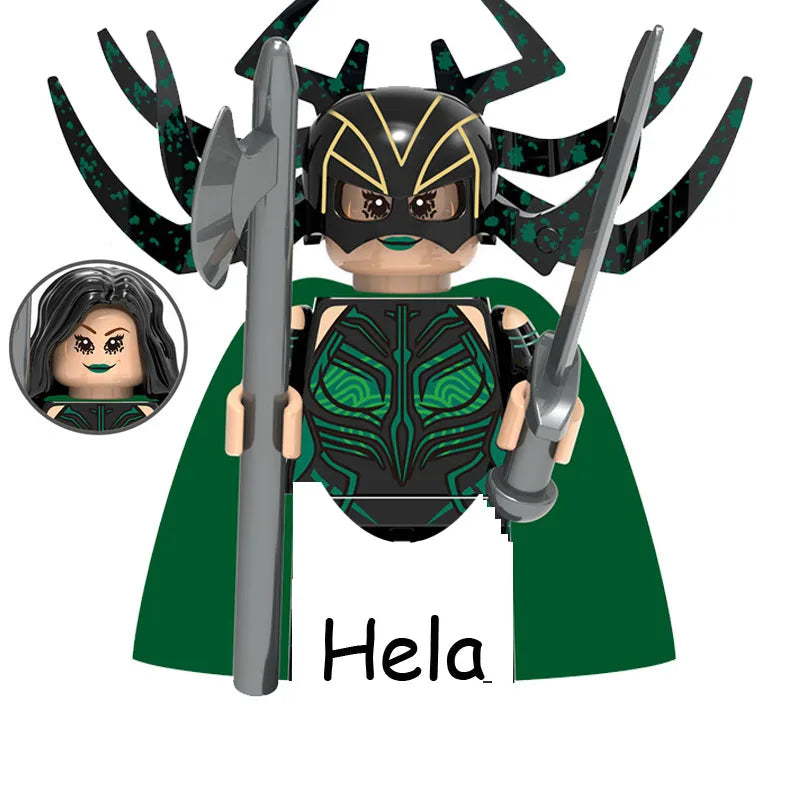 A building blocks set depicting Hela from a horror movie, featuring her helmet, armor, and a sword.
