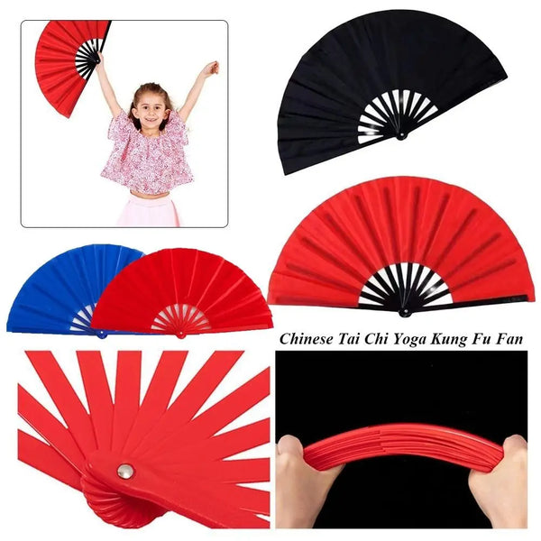 A collection of red and black folding fans used for Chinese Tai Chi Yoga Kung Fu practice.