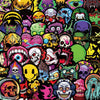A dense collage of colorful gothic skulls, monsters, and menacing faces designed for waterproof decals.
