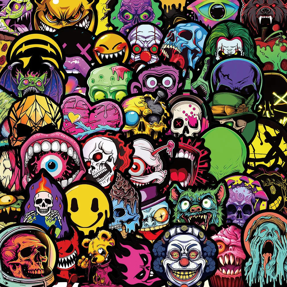 A dense collage of colorful gothic skulls, monsters, and menacing faces designed for waterproof decals.