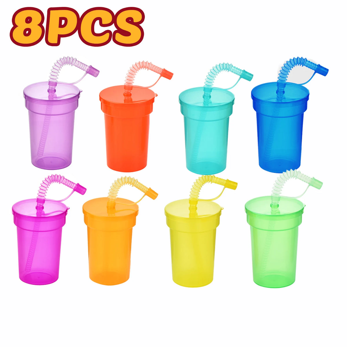 Eight colorful neon reusable sipper cups with spill-proof lids and straws in various shades of purple, orange, blue, and gree