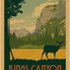 A vintage-style poster featuring a landscape with a dark silhouette of a deer against a yellow field and green mountains.