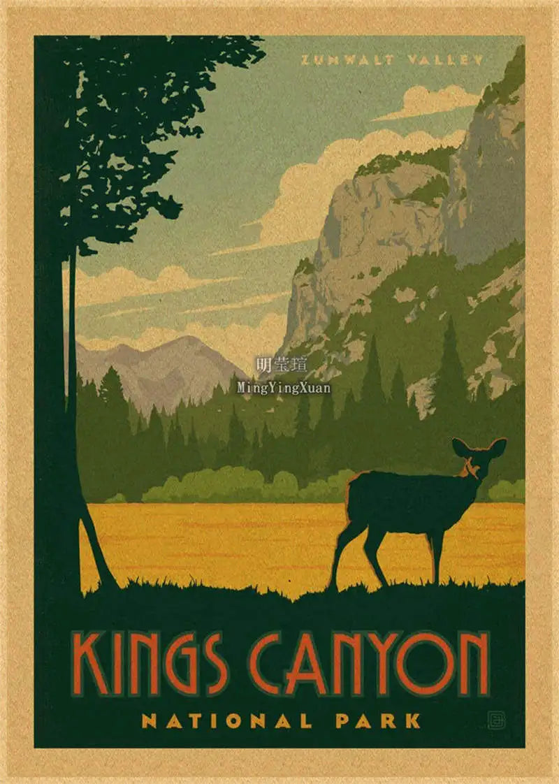 A vintage-style poster featuring a landscape with a dark silhouette of a deer against a yellow field and green mountains.