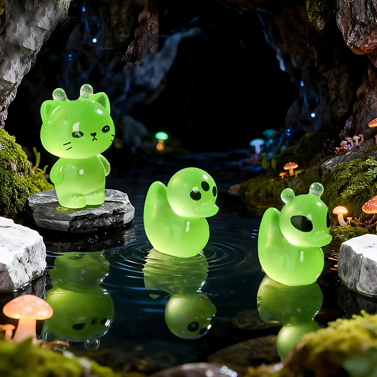 Green glow-in-the-dark resin charms of an alien cat and duck resting in a dark, mossy forest setting.
