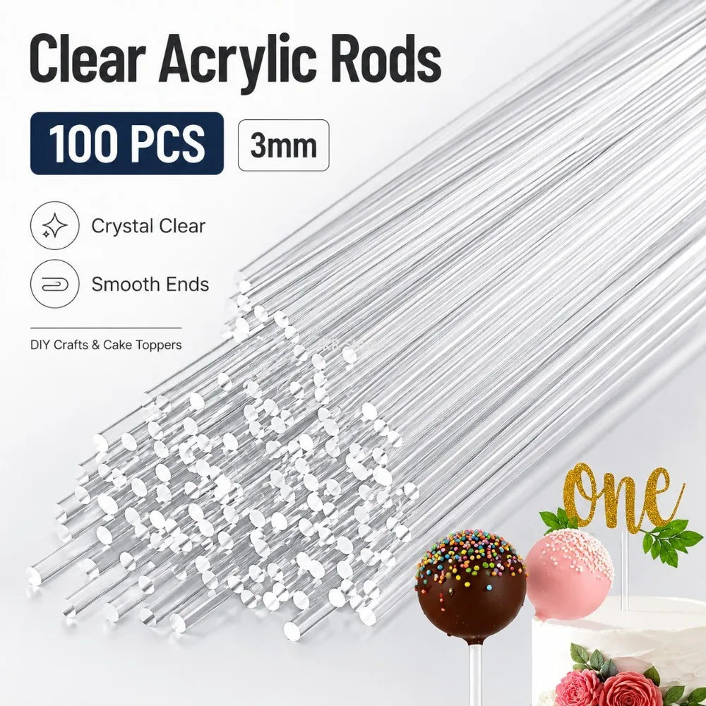 A bundle of 100 clear acrylic rods, 3mm in diameter, with smooth ends, used for DIY crafts and cake toppers.