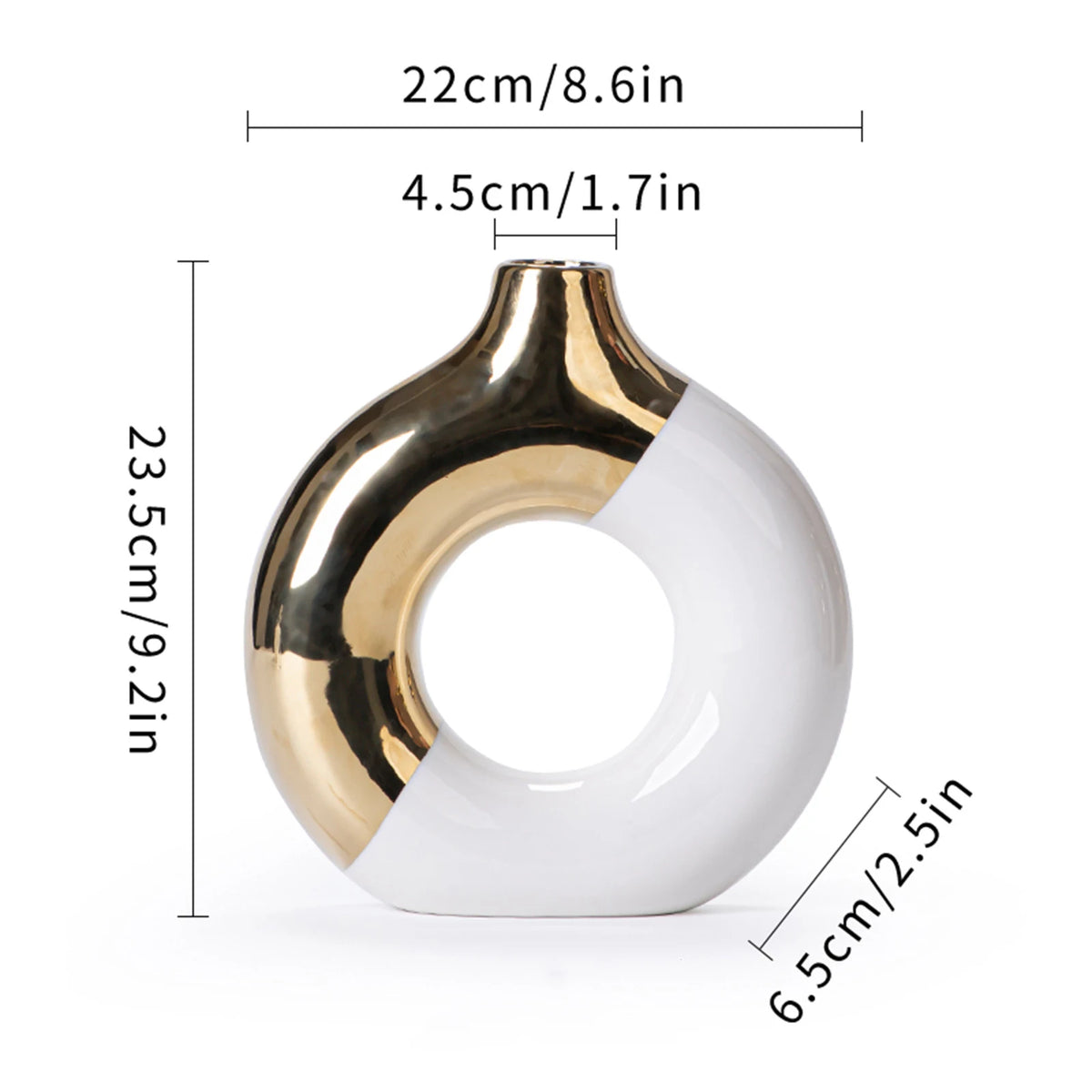 A ceramic flower vase with a gold and white finish, shown from the side.