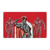 A sports banner featuring three muscular figures, one crowned king, against a red background.