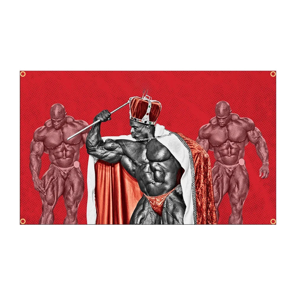 A sports banner featuring three muscular figures, one crowned king, against a red background.