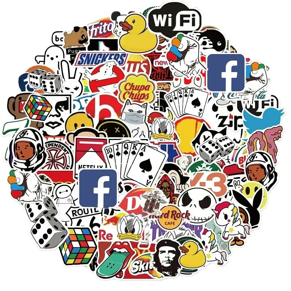 A collection of colorful stickers featuring various brand logos like Nike, Apple, and social media icons.
