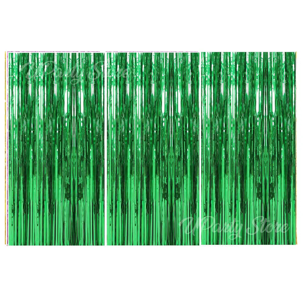 Three vertical panels of metallic green foil fringe curtains for party backdrop decor
